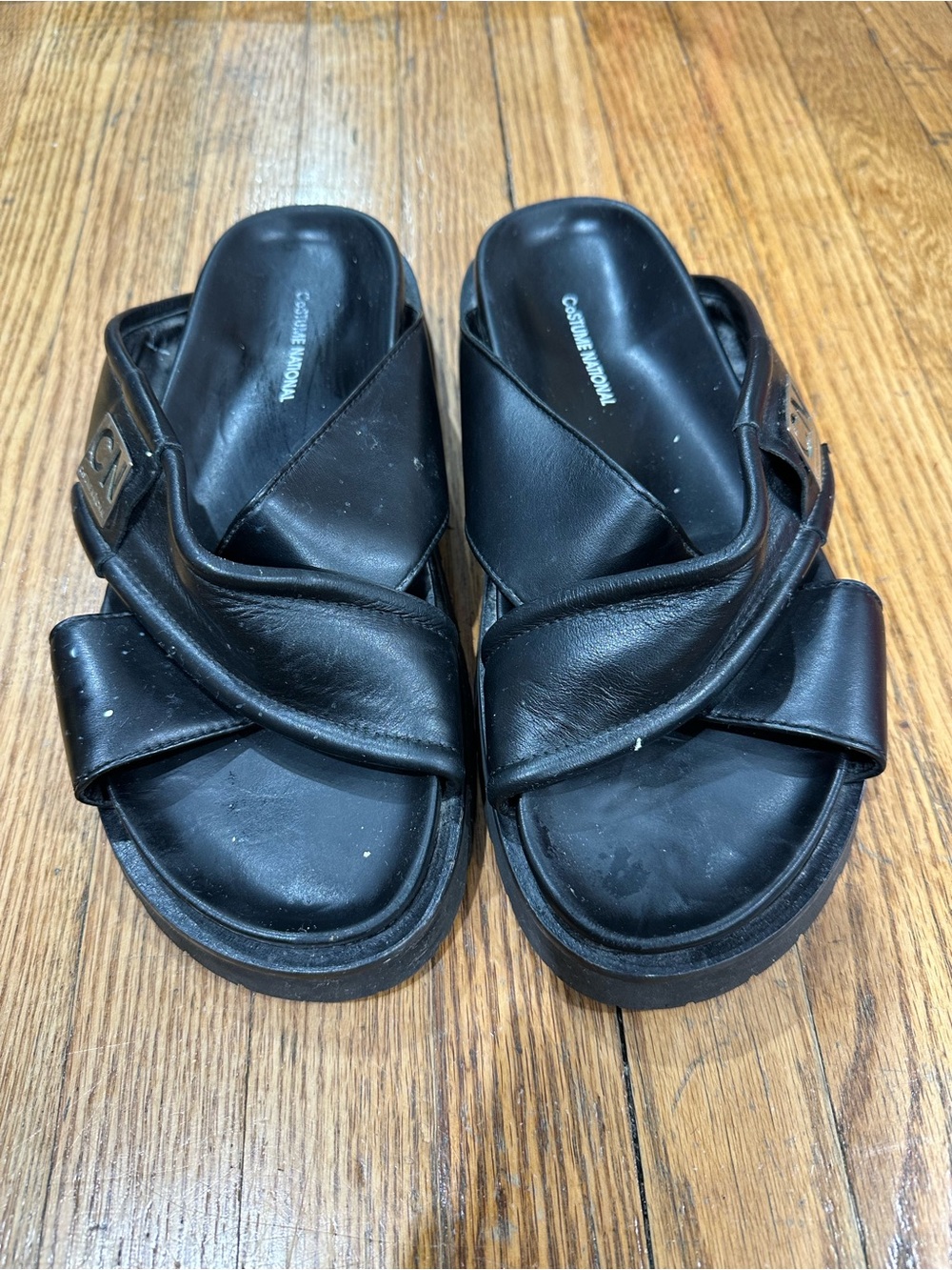 CNC Costume National Black Leather Crossover Slide Sandals